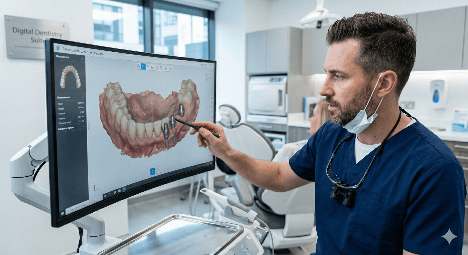 Dentist viewing 3D digital scan on monitor in a modern dental suite