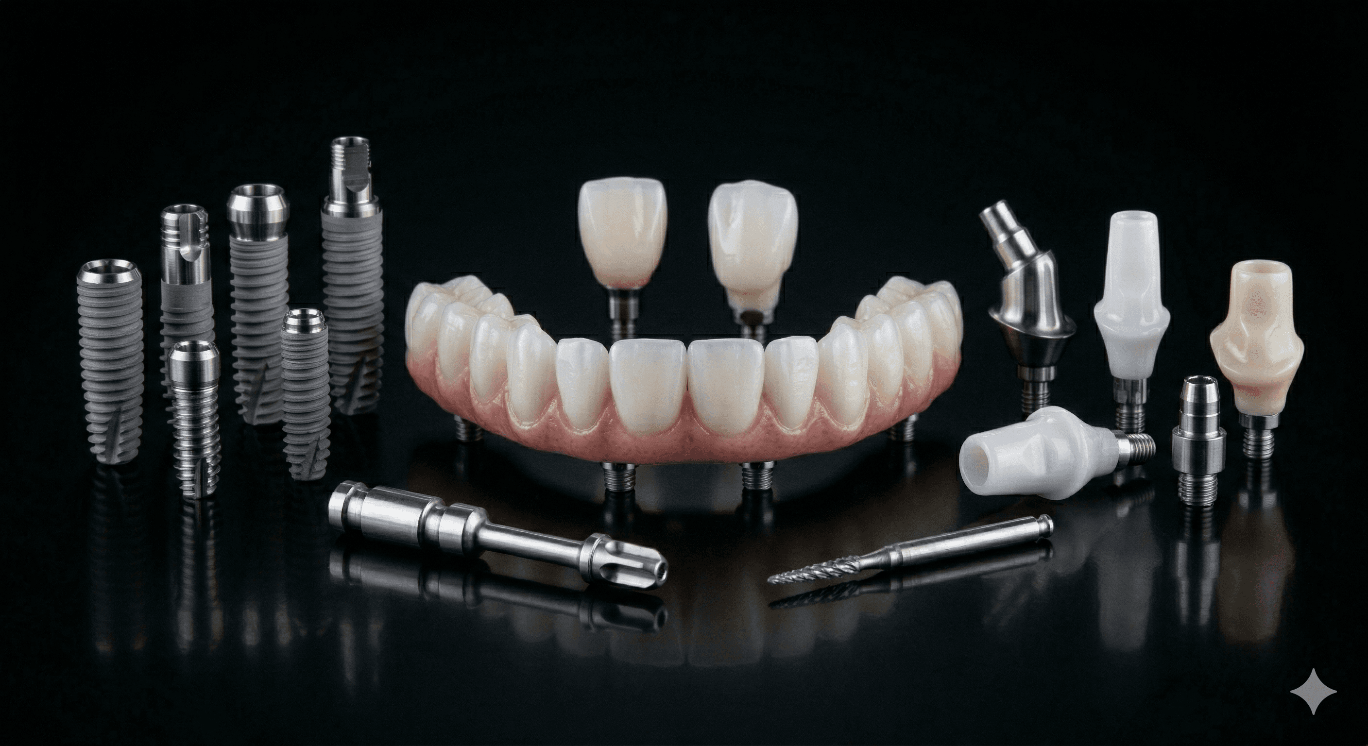 Full-arch implant bridge with abutments and prosthetic components
