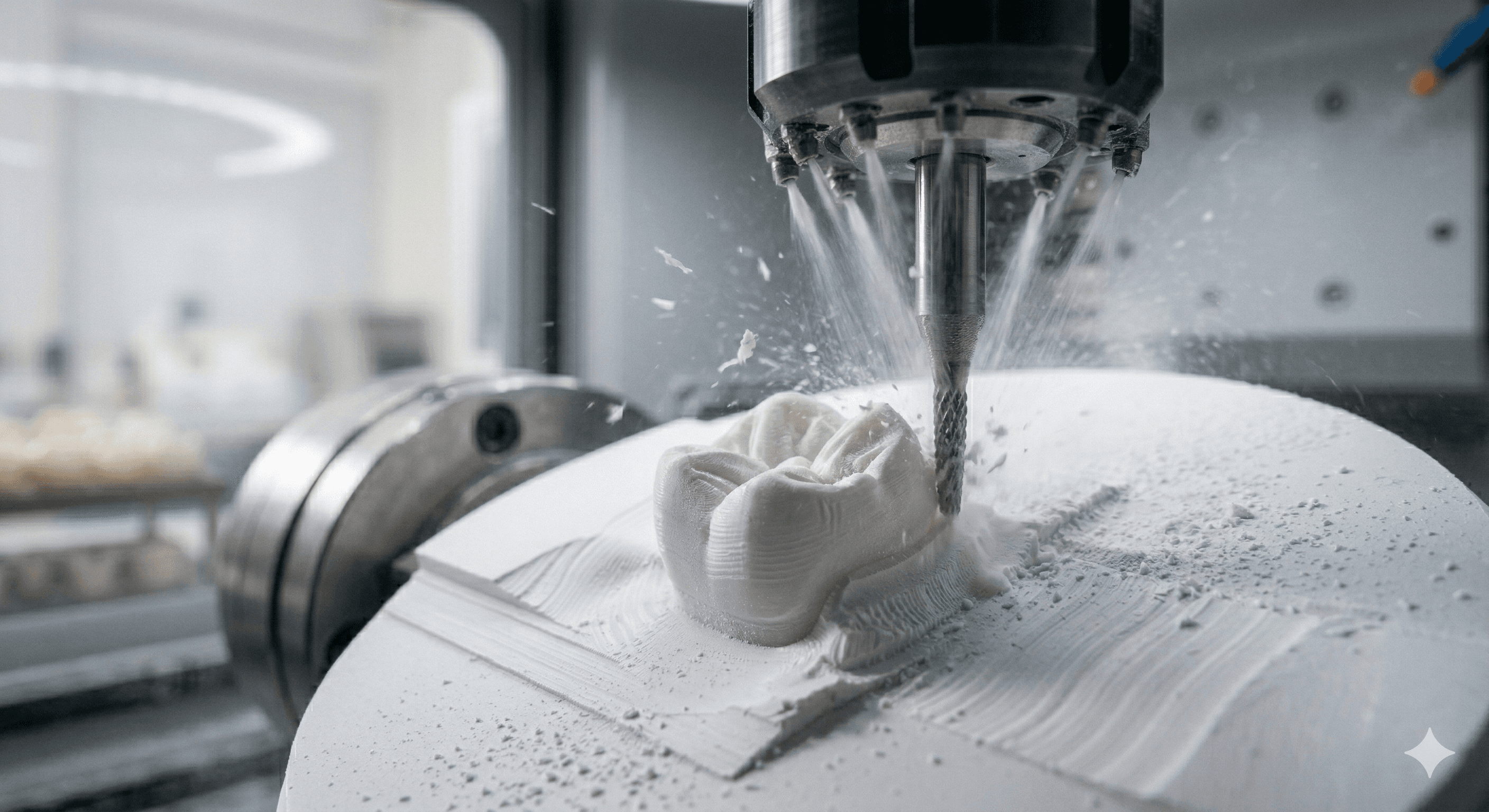 CNC milling machine cutting a precision zirconia crown